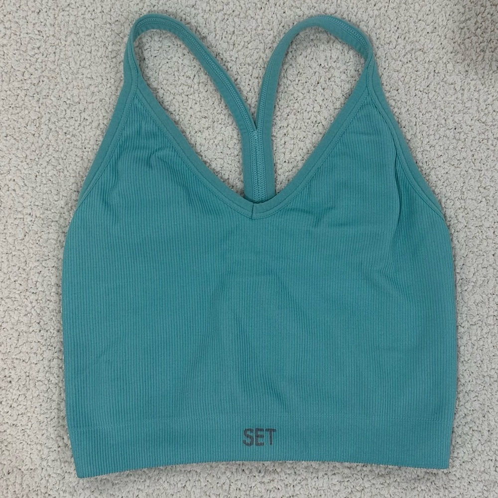Set Active teal blue sculptflex power ribbed v bra
